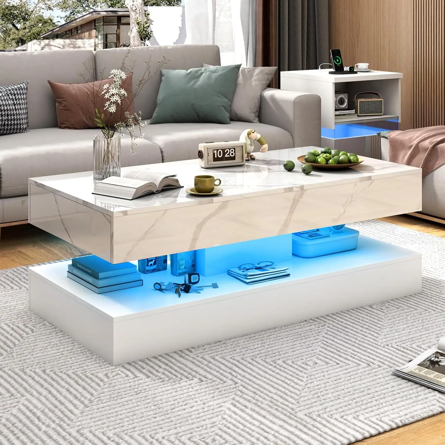 47inch Large High-Glossy LED Coffee Table with 2 Sliding Drawers  with Marbling Print, Modern Stylish Double-Layer Center Tables