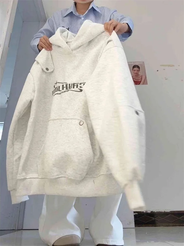 

Американская уличная мода: женская толстовка свободного кроя для пар, весна-осень, трендовая, с длинными рукавами, из полиэстера.