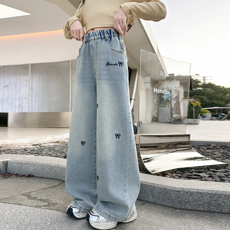 2026 Spring Autumn Girls Middle School Fashion Loose Solid Color Bow Print Jeans Casual Pants Wide Leg Pants 4-12 Years Old