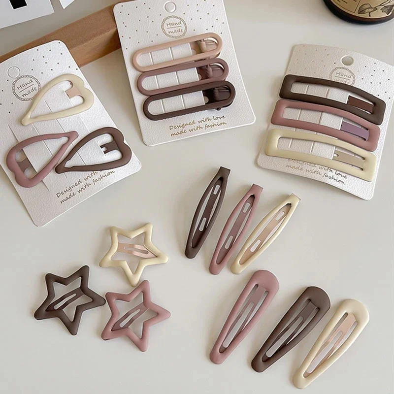 3/4 Pcs Simple One-Word Metal Hair Clips Set Coffee Color Bear Heart Geometric Duckbill Hairpins Sweet Girls Star Hair Barrettes