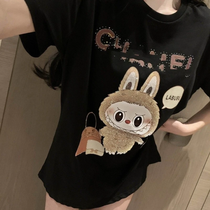 New Large Diamond New Labubu T-Shirt Lazy Wind Short Sleeve Cartoon Cute Creative High-Value Couple Jacket Trend Shirt Gift Toys