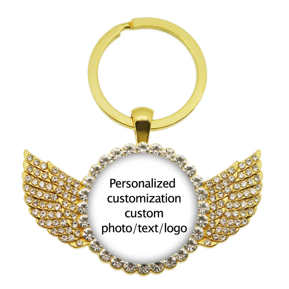 Custom Personalized Angel Wings Pendant Keychain Photo Text Logo Baby Patterns Glass Cabochon Keychain Family Anniversary Gift