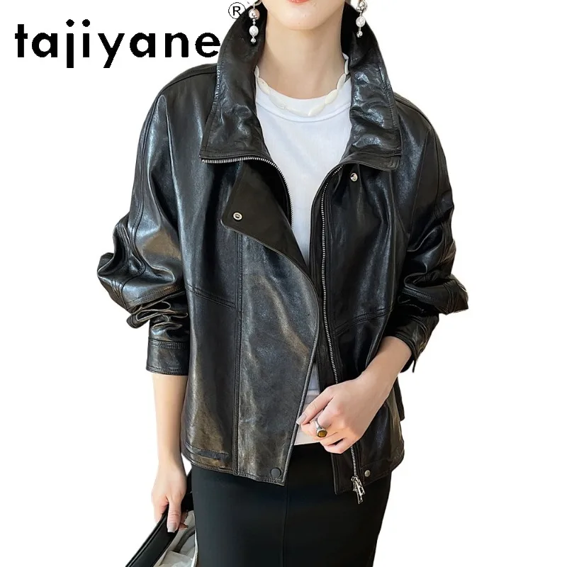 TAJIYANE Oil Waxed Sheepskin Real Leather Jacket Woman Cropped Jackets for Woman Leather Coat Loose Outerwear Chic Jaqueta 2026