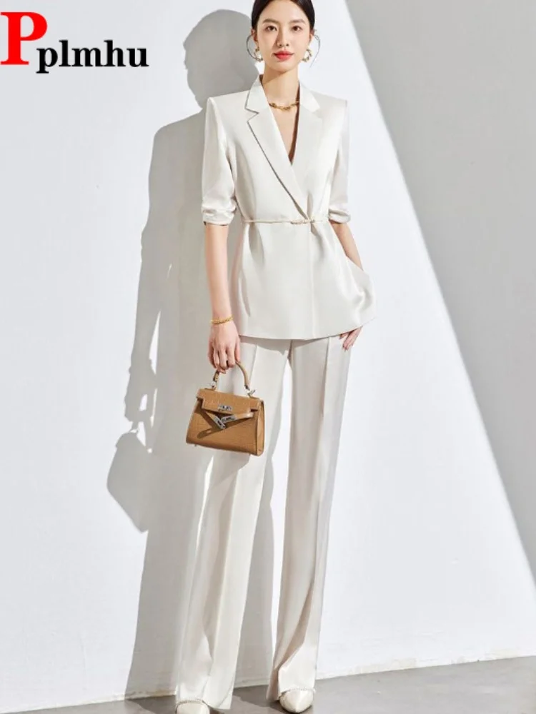 

Элегантный женский повседневный костюм с лацканами, приталенный, с V-образным вырезом, в корейском стиле, комплект из 2 предметов: прямые широкие брюки свободного кроя