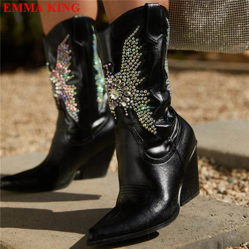 New 2023 Rhinestone Chunky Heels Mid Calf Boots Crystal High Heels Shoes Woman Black White Western Pointy Cowboy Boots For Women