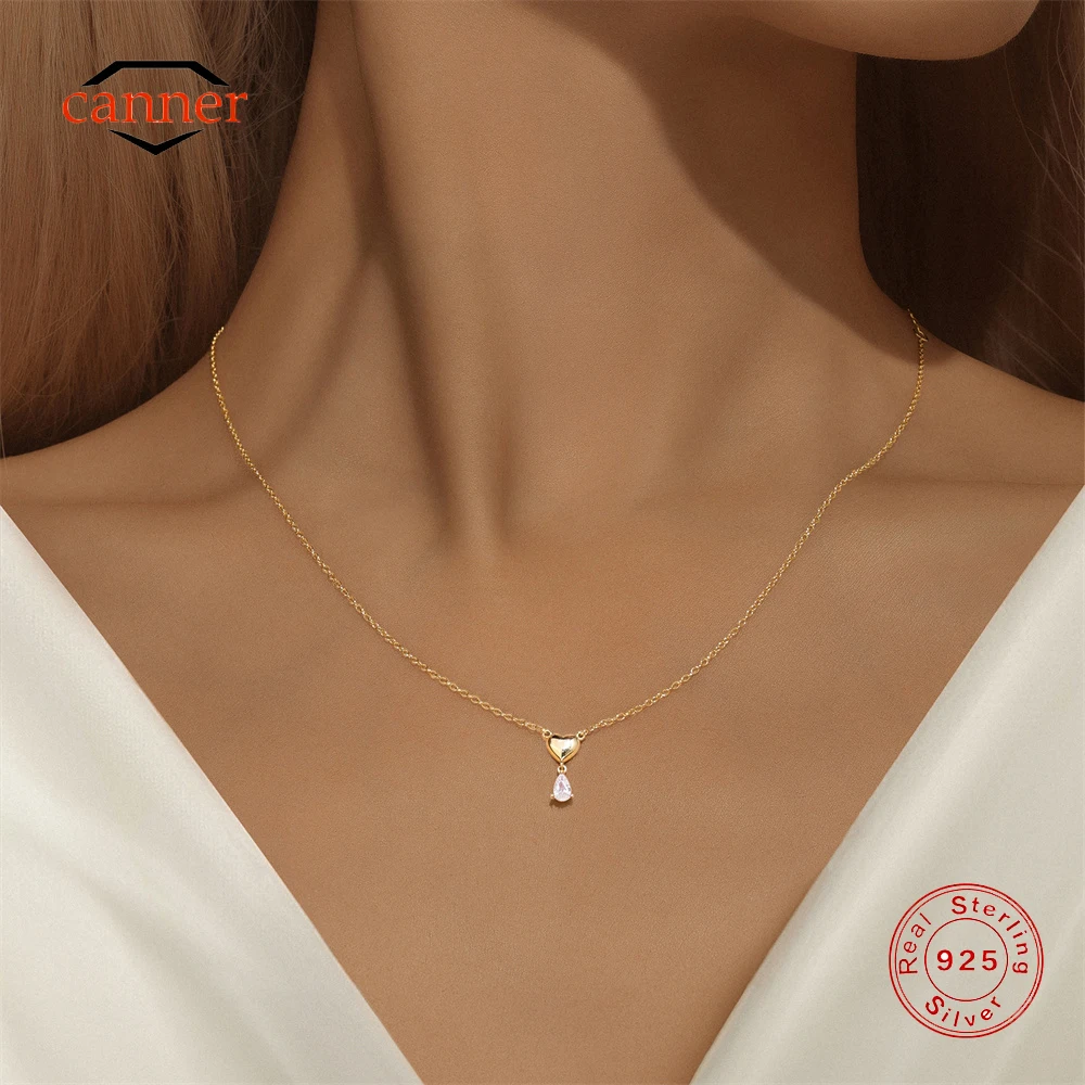 

CANNER 925 Sterling Silver Classic Smooth Heart-shaped Water Droplets Zircon Pendant Necklace For Women Ins Opal Necklace Gift