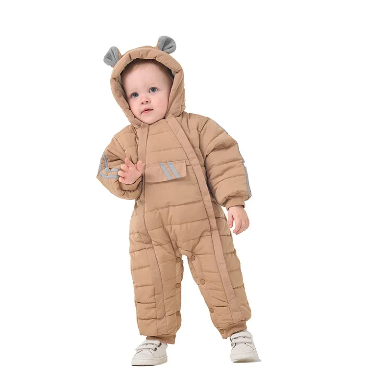 2024 New Winter Baby Jumpsuit Thick Warm Infant Hooded Inside Fleece Rompers Newborn Boy Girl Overalls Outerwear