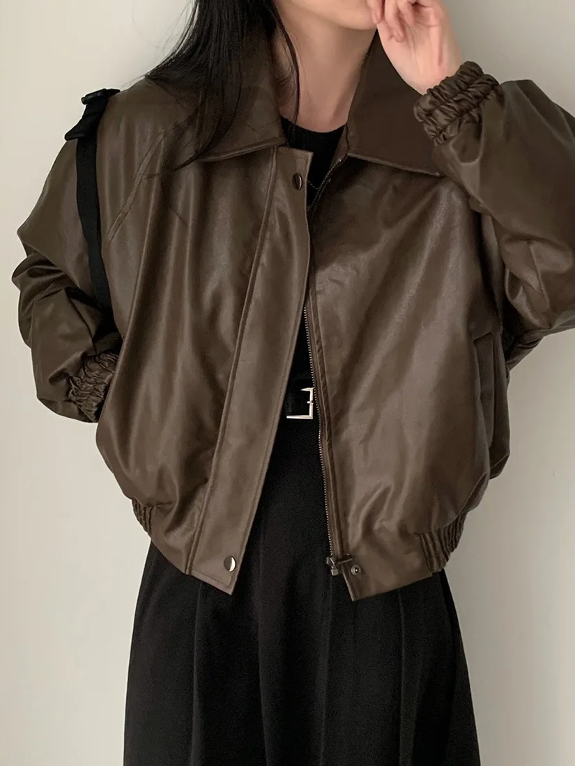 Chic Autunno Inverno Fce Foderato Colletto con cerniera Lungo Sve Allentato Versatile Cappotto Jaet in pelle da donna Ne Polyest...