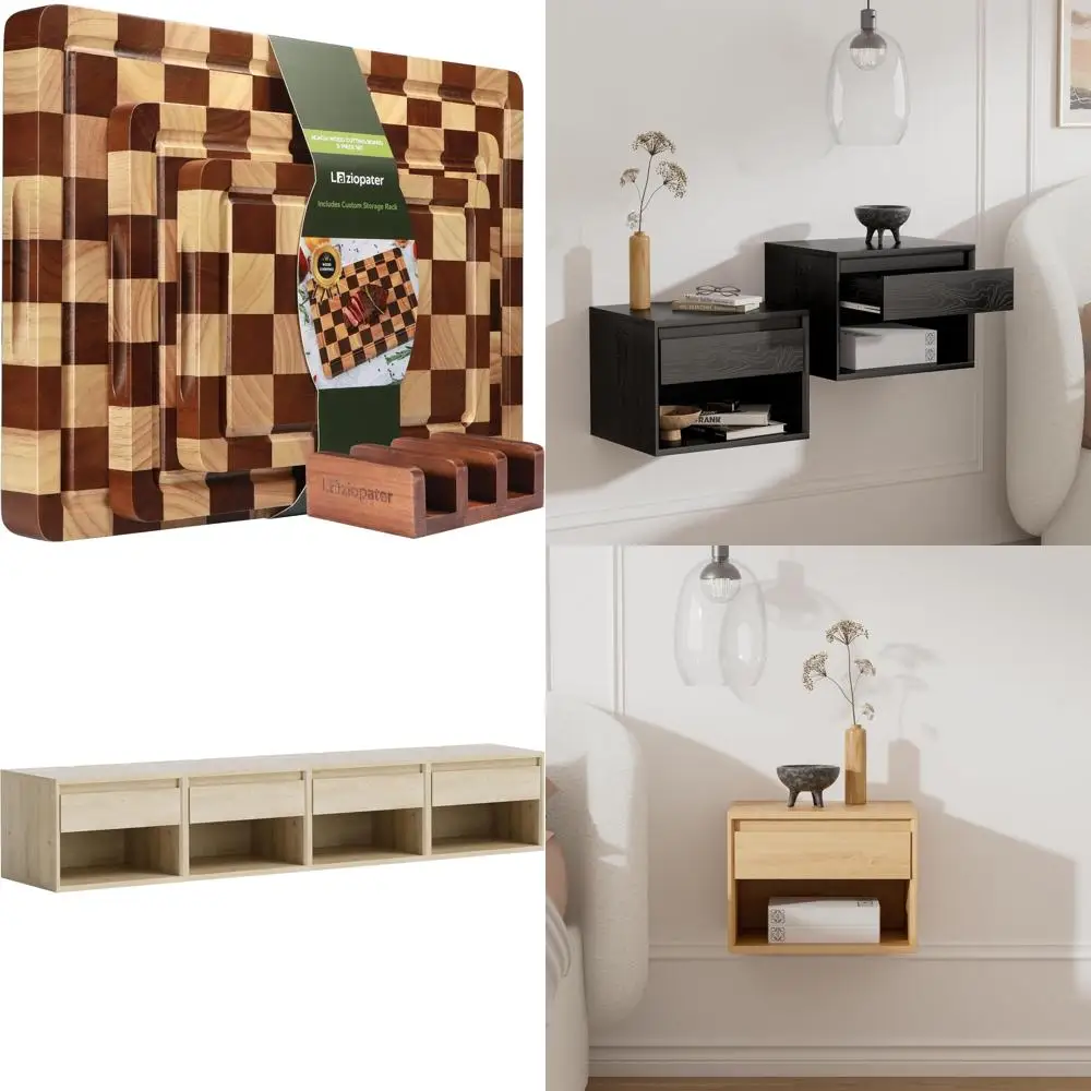 

Wooden Chopping Board Set, Acacia Wood, 3-Piece Kitchen Cutting Board with Holder, Deep Juice Groove for Enhanced Food Preparati