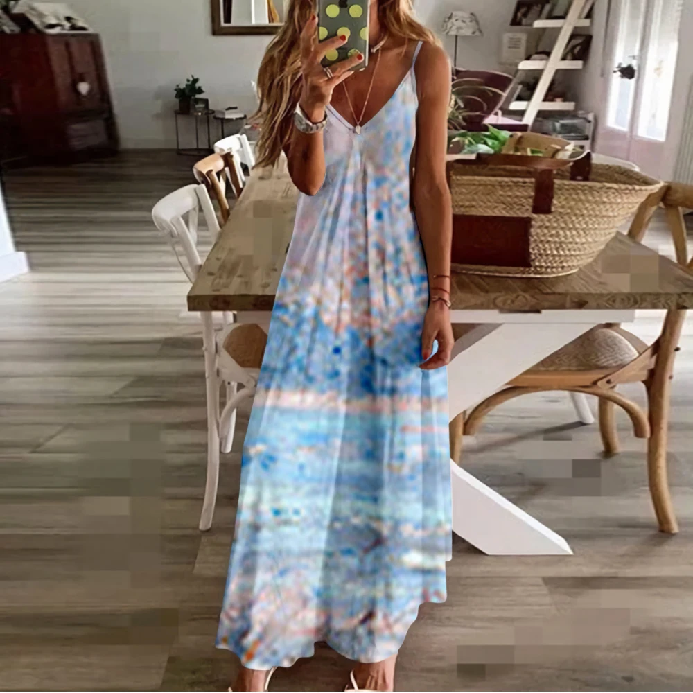 Spring Summer Women V-Neck Painting Printed Sexy Beach Long Maxi Dress Split Sleeveless Clothing Holiday Vestido