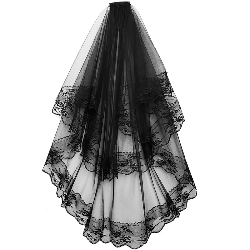 Black White Lace Bridal Veils With Comb Short Two Layer Wedding Veils For Bride Cosplay Wedding Dress Costume Hair Accessories