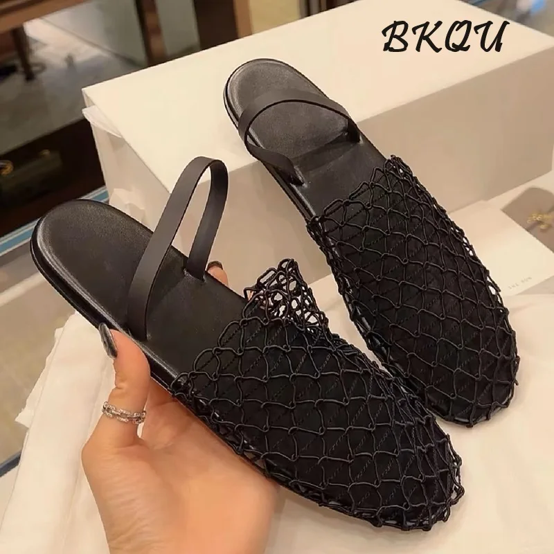 BKQU Women Sandal Bun Head Back Trip with Fishing Net Flat Roman Shoes Summer Clapper New Hollow Comfortable Beach Half Slippers