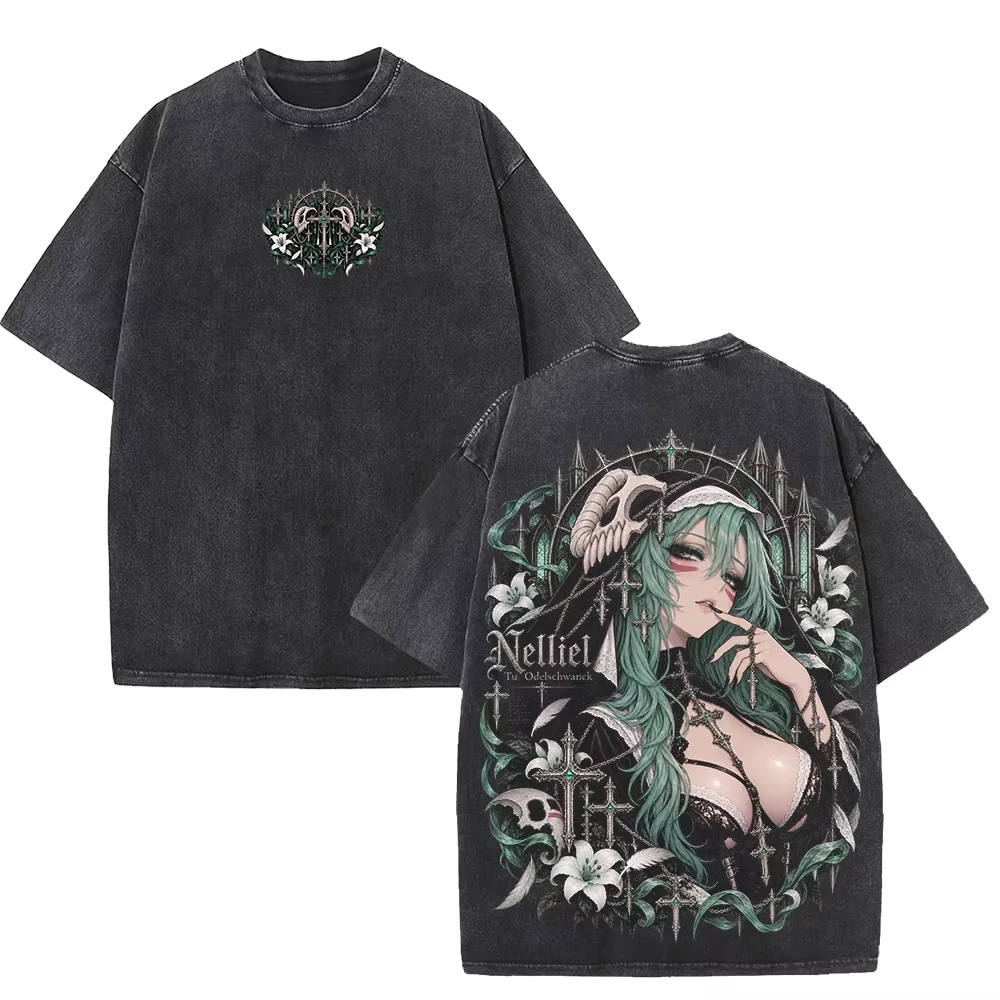 BLEACH Yoruichi Shihouin Gothic Nun Style Manga Graphic Print T-shirt Men Women Vintage Washed O-neck Cotton Top Oversized Tee