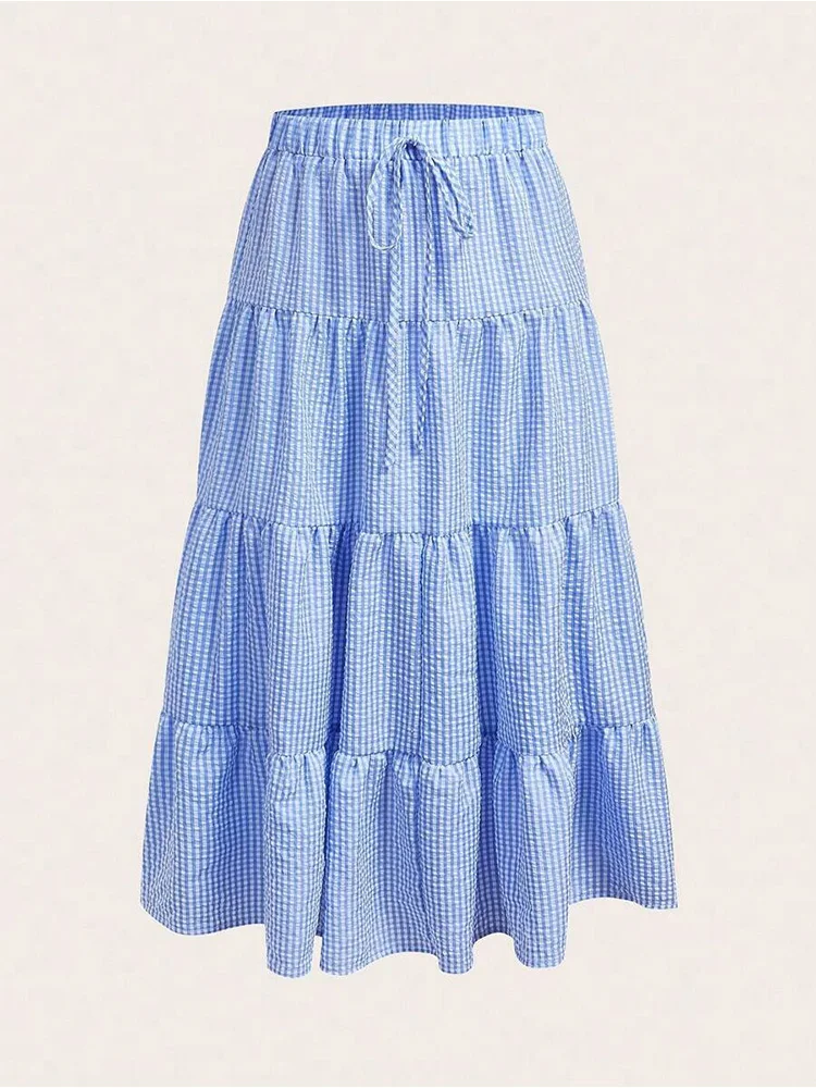 

Сине-белая клетчатая многослойная юбка на шнурке, многослойная длинная юбка, элегантный и повседневный стиль.