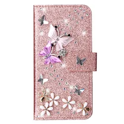 Bling Diamond Wallet Flip Case For iPhone 17 16 15 14 13 12 11 Pro Max Plus XR XS Glitter Butterfly Flower Magnetic Book Cover