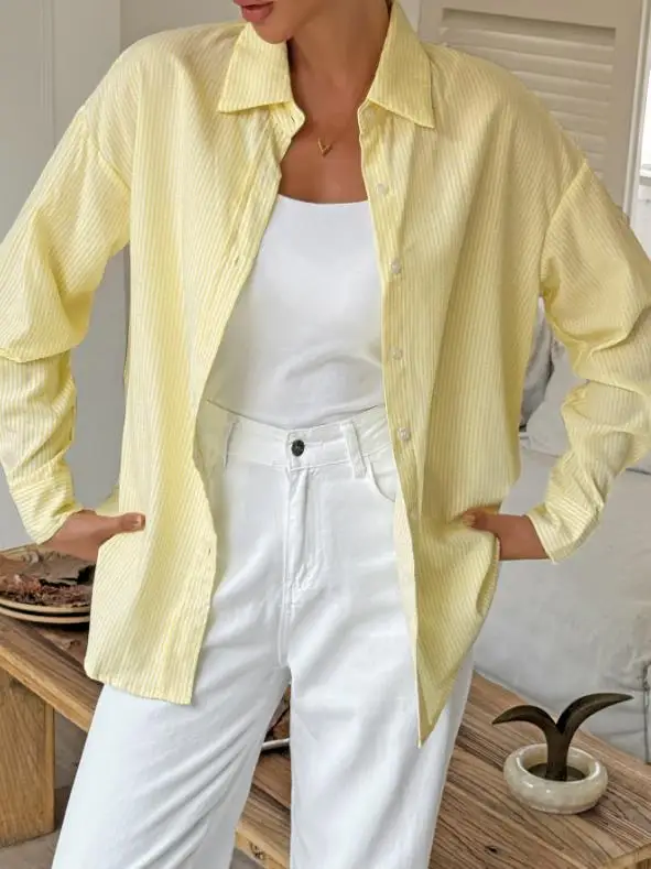 

2025 Autumn/Winter New Women's Fashion Leisure High end Collar Striped Long sleeved Women's Shirt