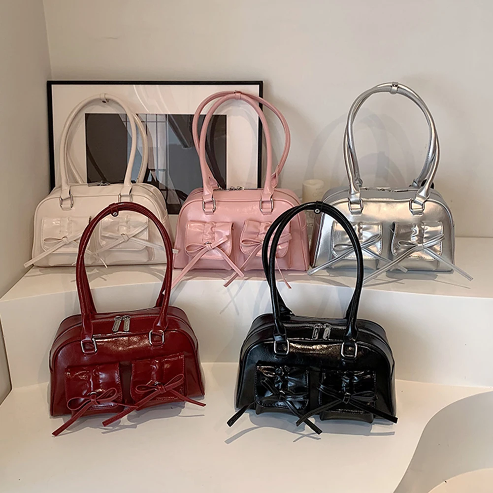 

Women Stylish Underarm Bag Double Pockets PU Leather Simple Shopping Bag with Bow Small Tote Bag Solid Color for Travel Vacation