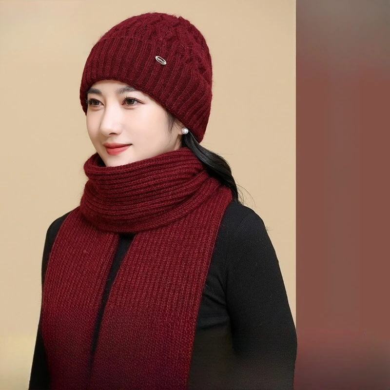 Fashion New Rabbit Fur Knitted Hat Mother Thermal Hat Winter New Thickened Ear Protector Cover Warm Hat Scarf Two-piece Set