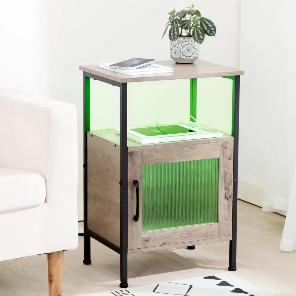 Nightstand พร้อมสถานีชาร์จไฟ LED nightstand พร้อมประตูกระจกและชั้นวางของพร้อมพอร์ต USB และเต้ารับ Meja Sisi ranjang ขนาดเล็ก