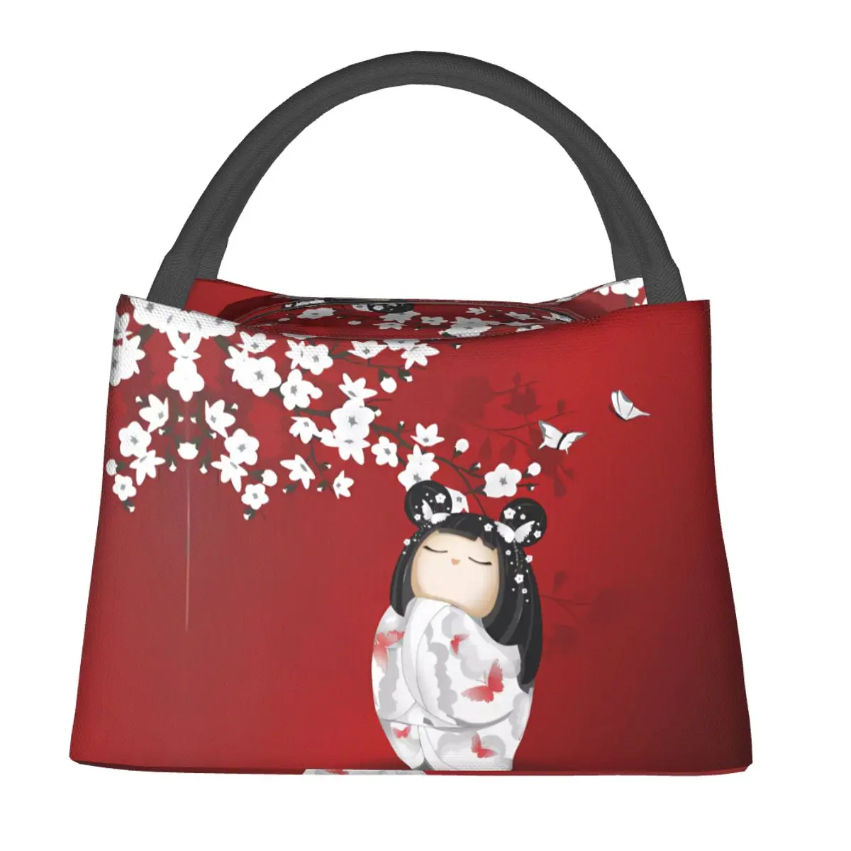 

Kokeshi Doll White Cherry Blossoms Insulated Lunch Bag Picnic Lunch Box For Unisex Japanese Girl Art Tote Food Bags Cooler Bag