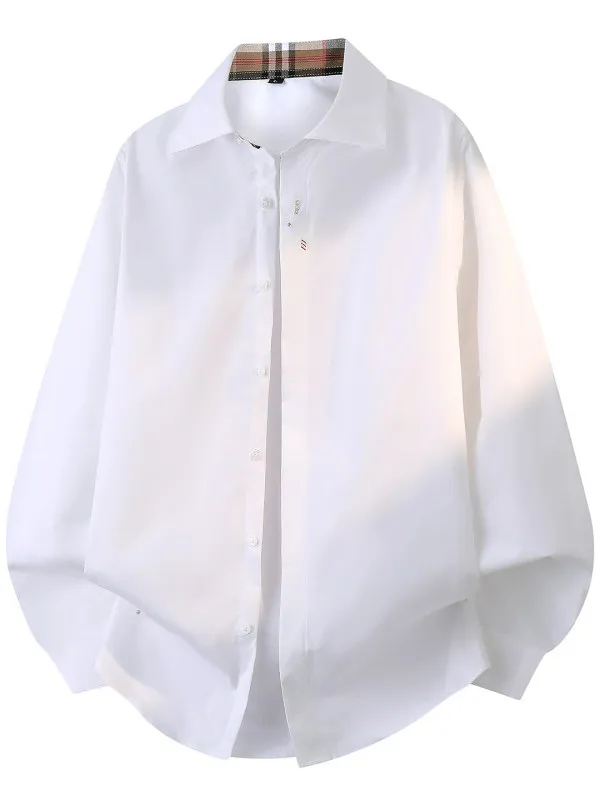 

Iron-Free Men's irt Pure Color Embroidered Spring Season Sweatirt Layering Trendy Brand Long Sve Stand Fit Cotton