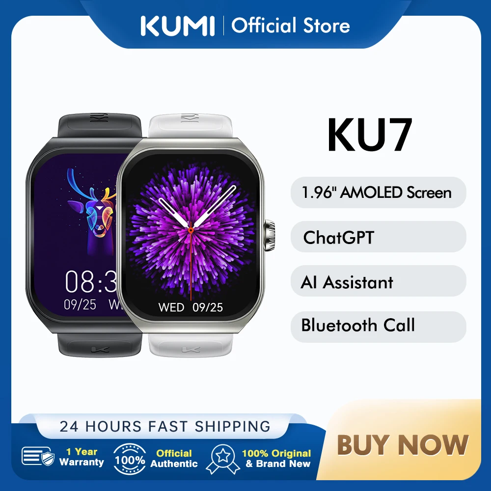 

Smart watche KUMI KU7 1.96-inch Amoled Screen IP68 Waterproof Bluetooth Call Health Heart rate Monitoring SOS 100+Sport Modes