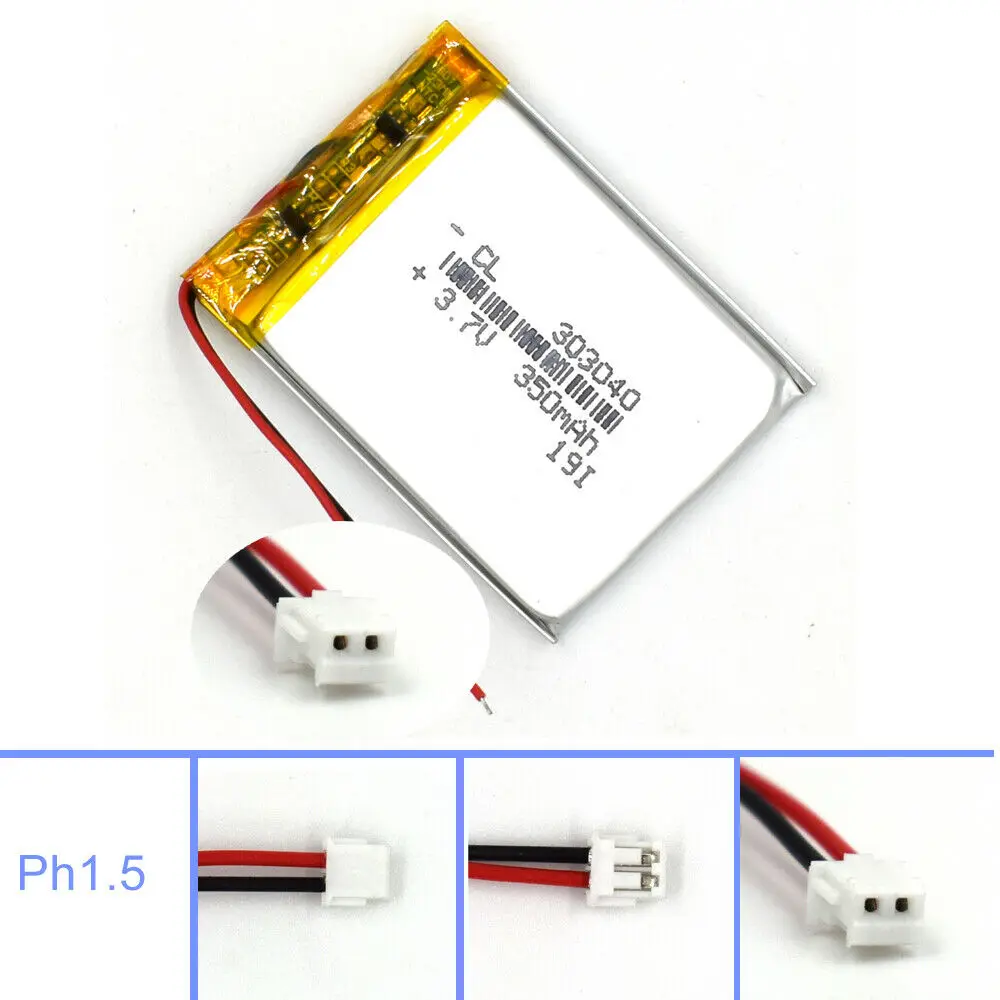 3.7V 350mAh Lipolymer 303040 With 2Pin Plug Battery Rechargeable Cell for Lamp Led Camera GPS Recorder Smartwatch