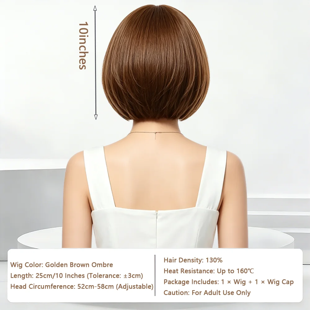 Short Gradient Brown Bob Wig With Bangs Natural Looking Straight Bob Wigs For Women Heat Resistant Synthetic Hair Daily Use