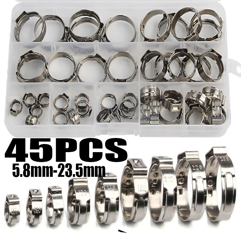 45Pcs Hose Clamps Stainless Steel 5.8-23.5mm 1-Ear Stepless Clamp Worm Drive Fuel Water Hose Pipe Clamps Clips Hose Fuel Clamps