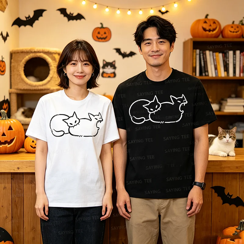 Einfach chillen: Zweiköpfige Katze, gruseliges Line-Art-Grafik-T-Shirt, Halloween-Kostüm, Y2k-Zeichnung, Katzen-Grafik-Bekleidung, neuartiges T-Shirt-Oberteil – Detail 4