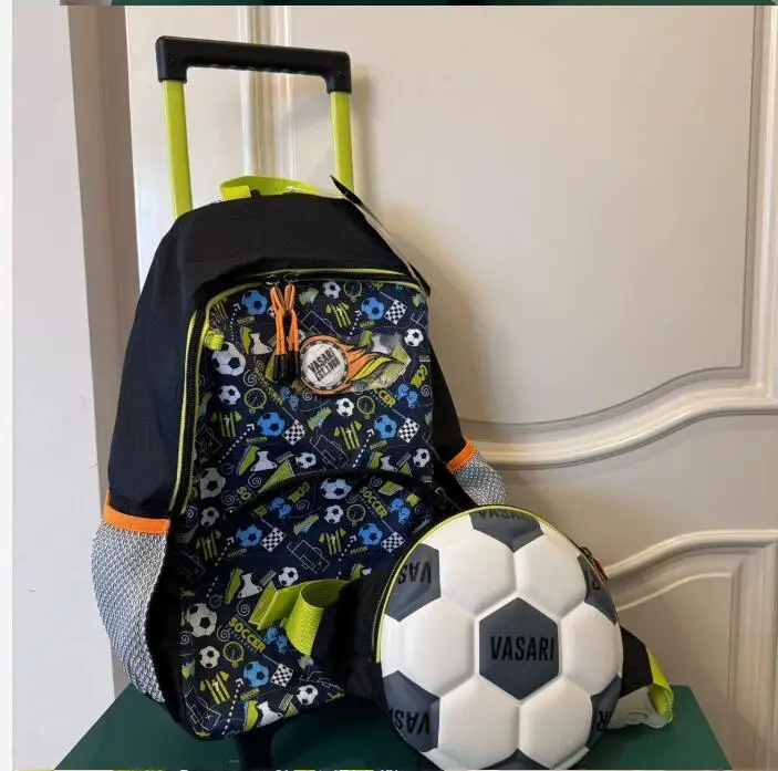 Ransel Beroda Sekolah Gaya Sepak Bola Untuk Anak Laki-Laki Tas Troli Sekolah Bergulir Perjalanan Untuk Anak Laki-Laki Ransel Beroda Sekolah dengan tas tangan