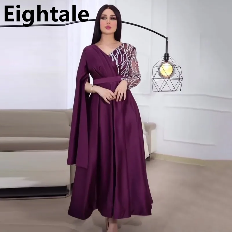 

Eightale Tea Length Purple A Line Satin Arabic Evening Dress 2022 Lace Sequined Dubai Women Formal Kaftan Party Gown