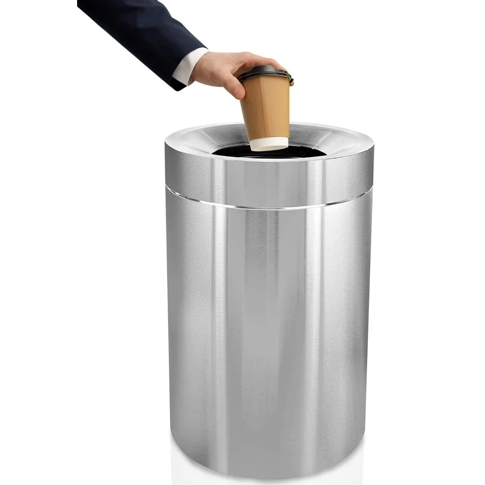 uty Stainless Steel Garbage Can, Large Open Top Round Garbage Can for a Modern Look in Office, Bathroom, and High Traffic Areas