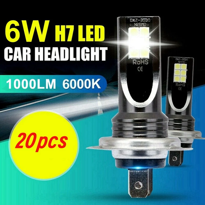 20Pcs H7 12SMD LED Fog Light Canbus Bulb Conversion 1000LM 6000K White Light Error Free Canbus Bulb Front Fog Lamp Bulb