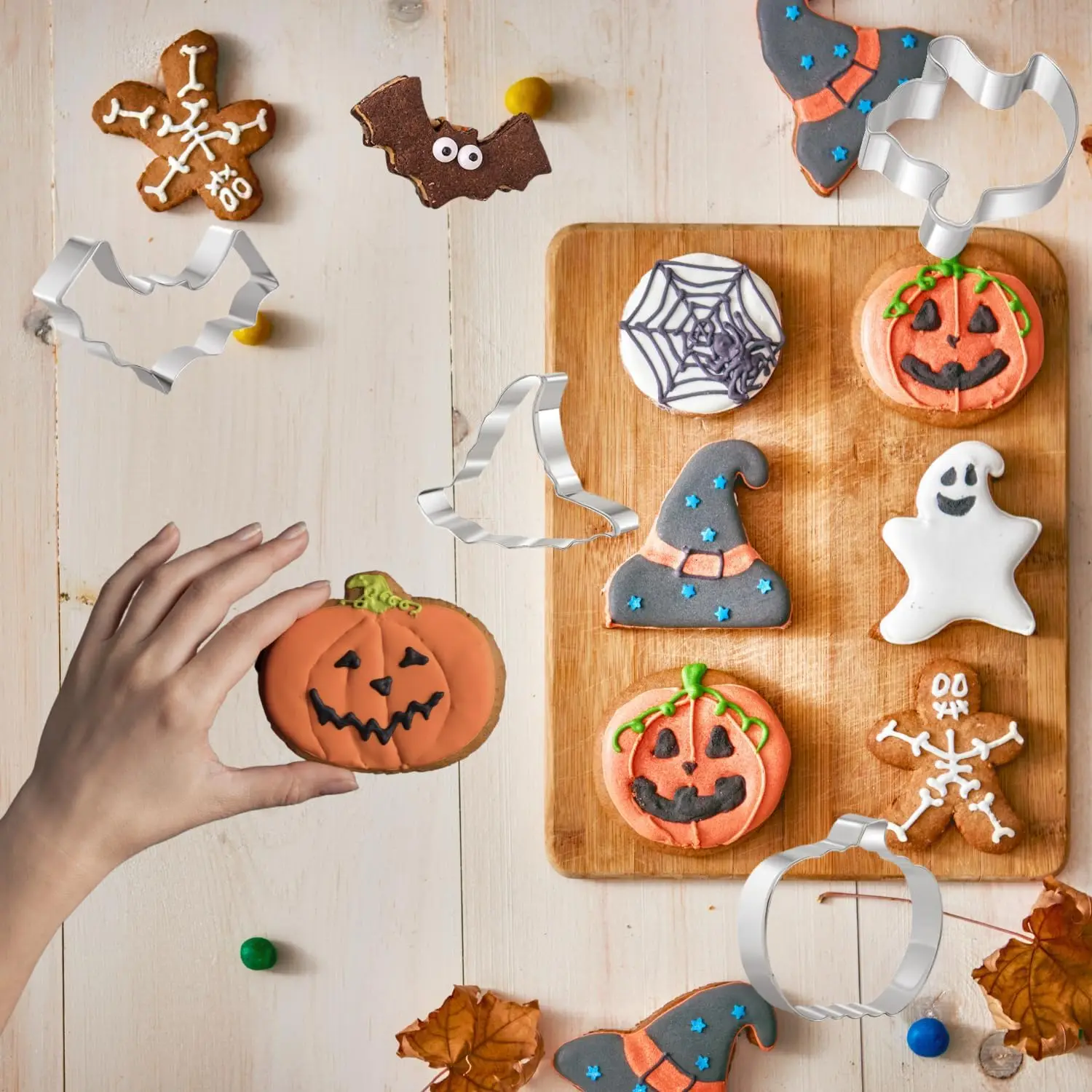 3-teiliges Halloween-Ausstechformen-Set aus lebensmittelechtem Edelstahl, Fledermaus-, Kürbis- und Geisterformen für Süßigkeiten, Obst, Pfannkuchen, Feiertags- und Heimbackwaren – Detail 8