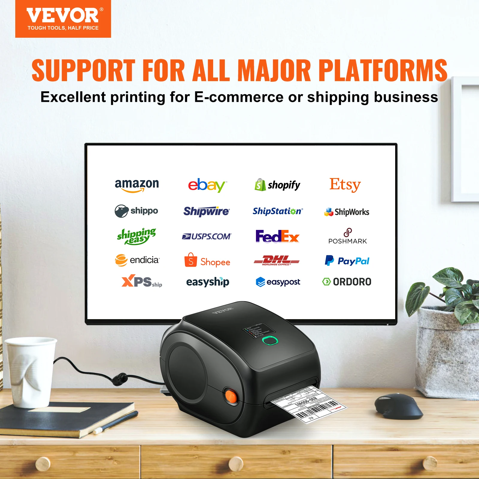 VEVOR 300DPI Thermal Label Printer Bluetooth Automatic Label Recognition Support Windows/MacOS/Android for 4x6 Mailing Packages