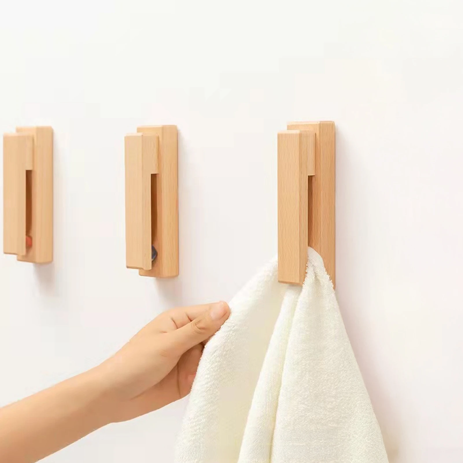 Bathroom Towel Holder Slide Out Beech Wood Wall Mount Hook Adhesive Rack for Home Kitchen Storage Durable Organizer