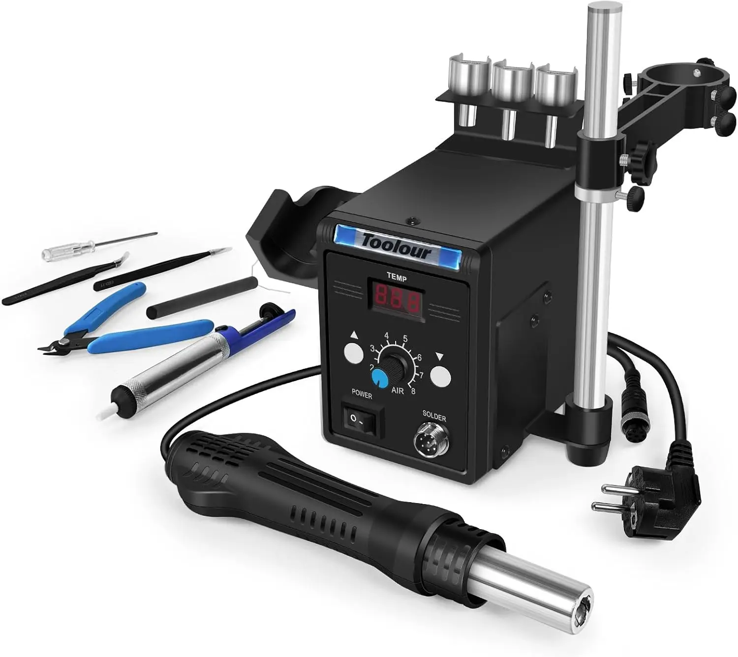 

Паяльная станция горячего воздуха 110 В, пайка SMD с тепловой пушкой, регулируемым держателем, светодиодный дисплей температуры ° C/ ℉ для ремонта электроники