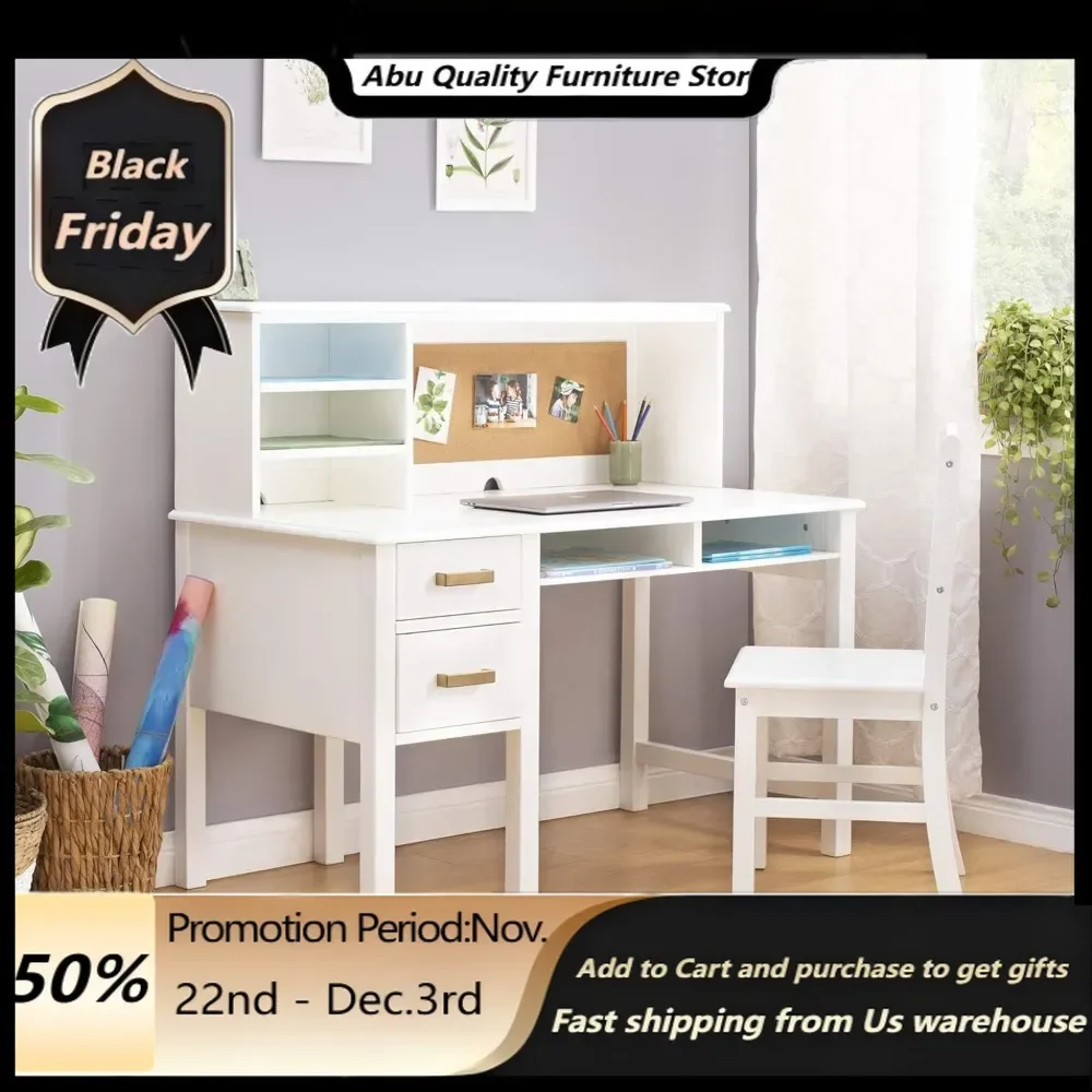 School Desks.Kids Taiga Desk and Chair Set with Hutch White:Kids Wooden Table Workstation with Storage DrawersAdjustable Shelves