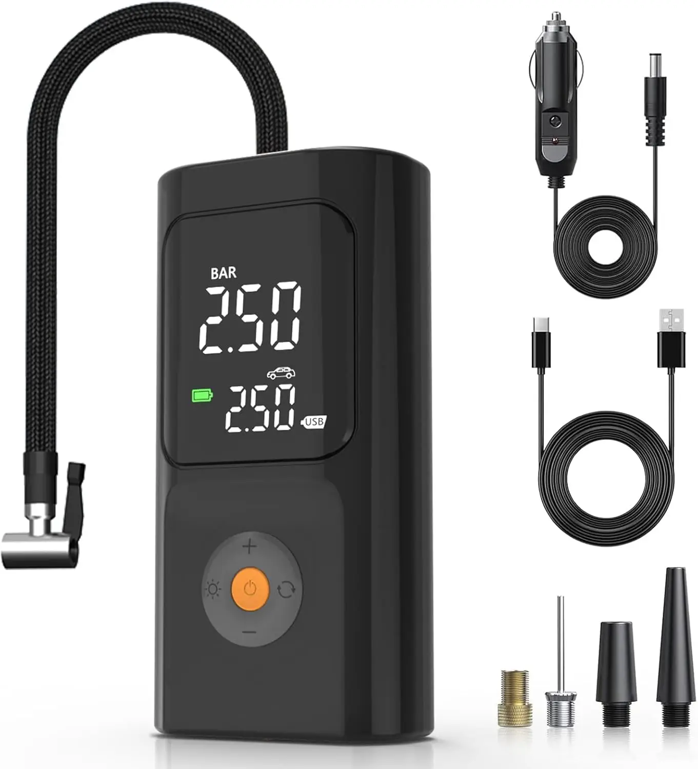 

150PSI, подходит для автомобильных и велосипедных шин, с цифровым манометром, светодиодной подсветкой и функцией автоматического отключения питания.