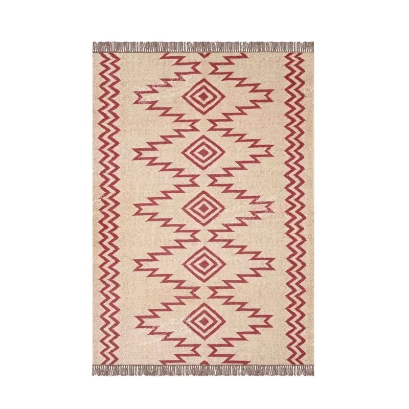 

Handmade Rugs Flat Woven Kilim Rug Off White Rug with Red DesignFringes Rug