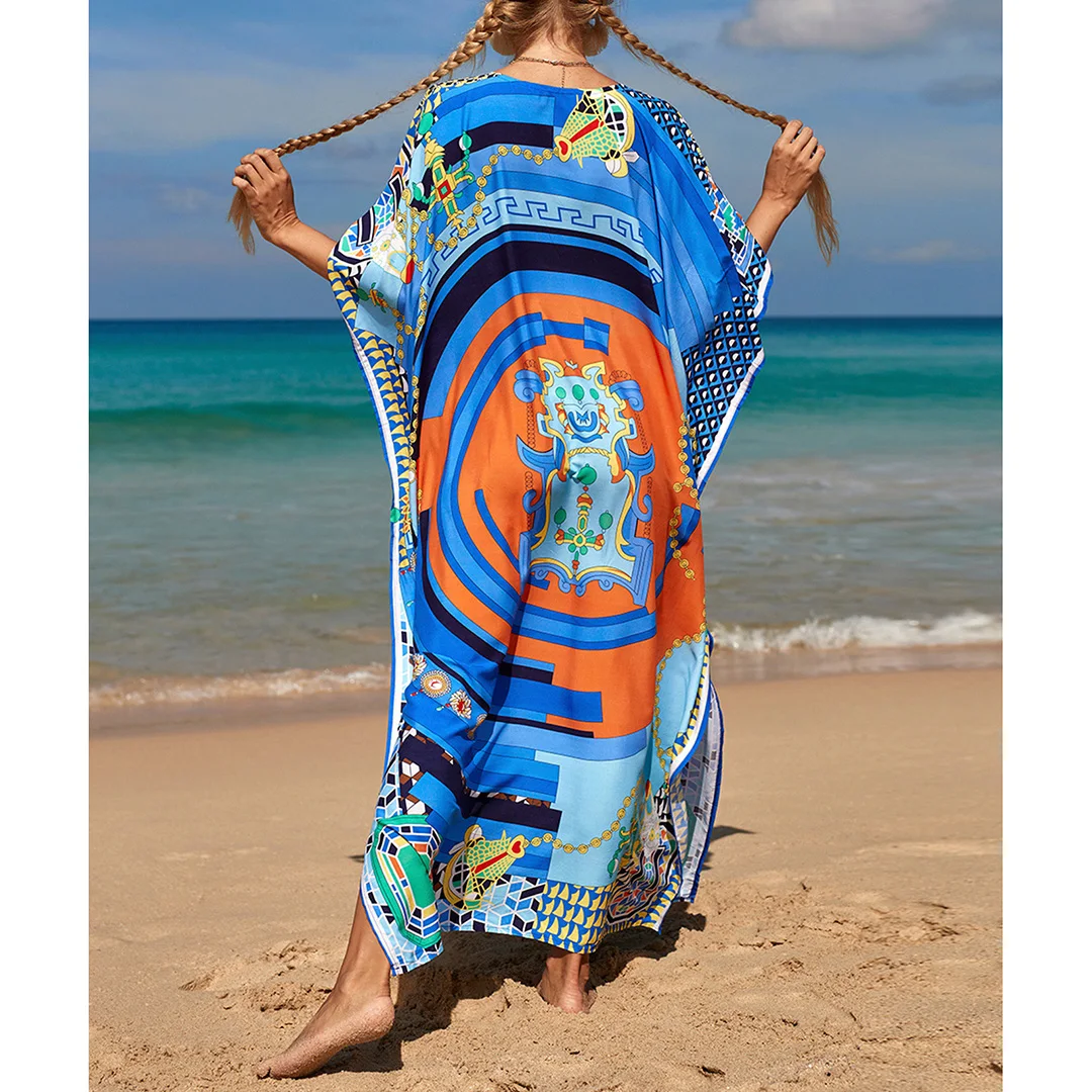 2026 Neues Buntes Kaftan-Tunika Strandkleid Strandmode Strandüberwurf Locker Sitzendes Maxikleid für Damen V4428 – Detail 23