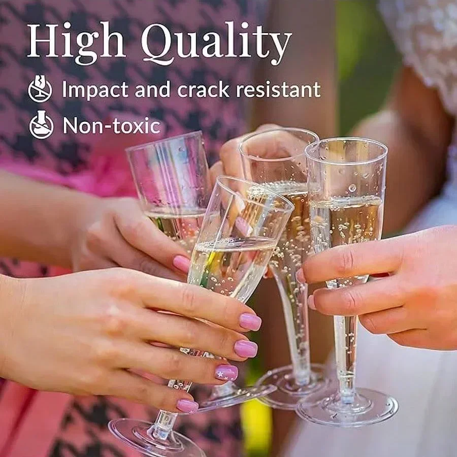 25-Pack Disposable Champagne Glasses Tall Gold Plastic Cocktail Red Wine Glasses for Party Bar Martini