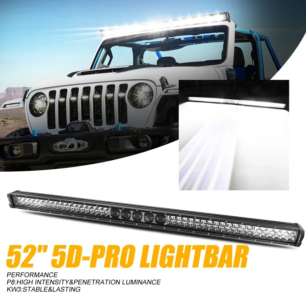 AUXBEAM 52inch 5D-PRO LED Work Light Bar with Wire Harness & Bracket 450W 55000lm Spot & Flood High Brightness for Jeep Wrangler