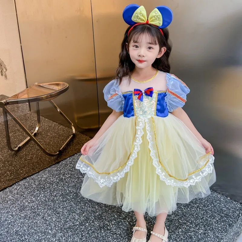 Disney Kid's Summer Snow White Skirt Ice and Snow Romance Dress Dress Girl's Halloween Carnival Fluffy Gauze Dress Birthday Gift