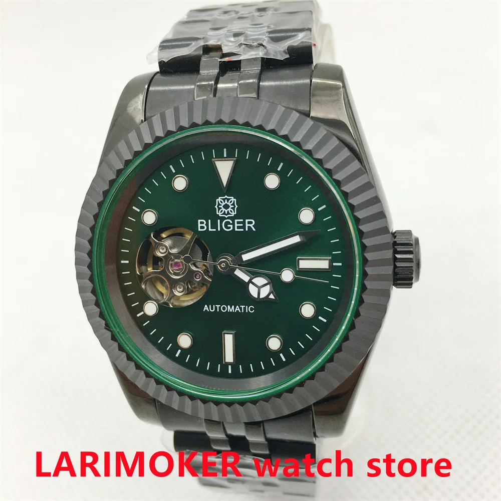 

36mm/39mm NH38A Automatic Men's Watch Black PVD Case Bezel Sapphire Green Dial Luminous Jubilee/Rubber Bracelet Fluted Bezel