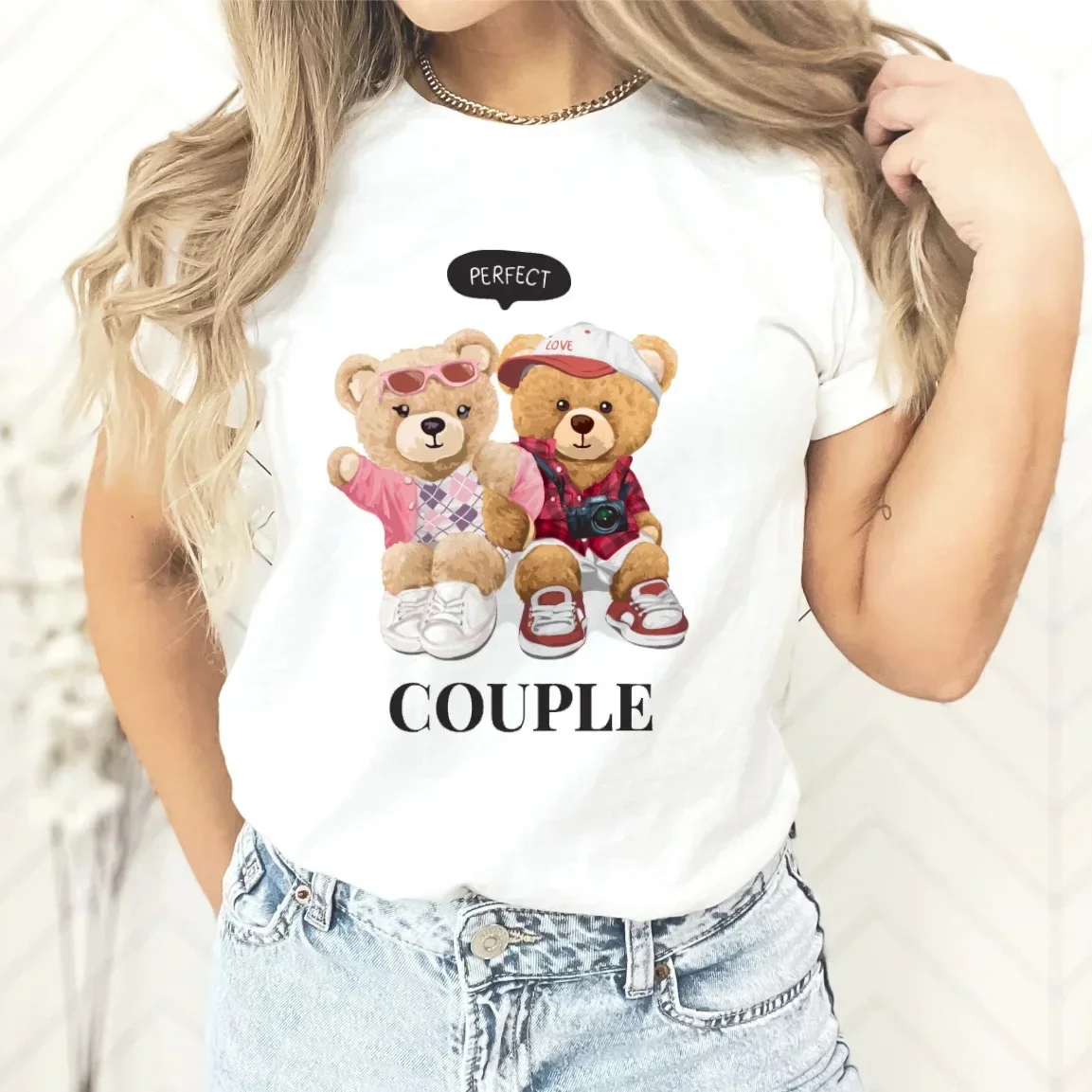 

Summer Newest Women's Teddy Bear Print T-shirt Fashion Crew-neck Ladies Tees Woman Harajuku Y2k Designer Cotton Tops