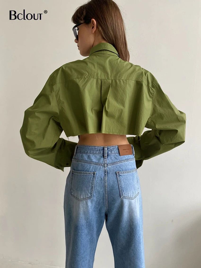 Bclout Casual Patchwork White Shirts Women Autumn Long Sleeve Solid Street Crop Tops Fashion Loose Green Sexy Short Blouses 2022