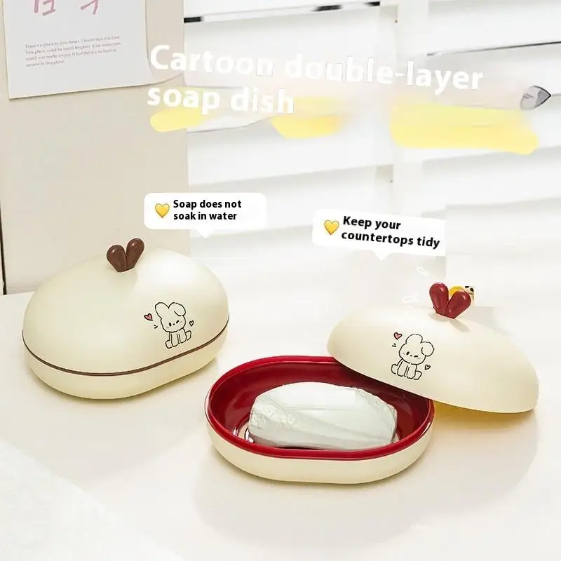 أطباق للصابون الكرتونية، صندوق صابون بلاستيكي مزدوج الطبقة، صينية صابون الحمام المنزلية، صندوق صابون الحمام مع غطاء #3