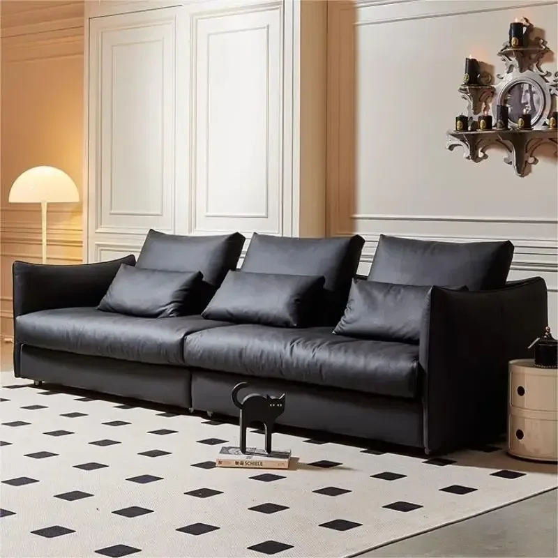 Living room furniture Italian black sofa first layer cowhide minimalist retro jungle sofa straight combination